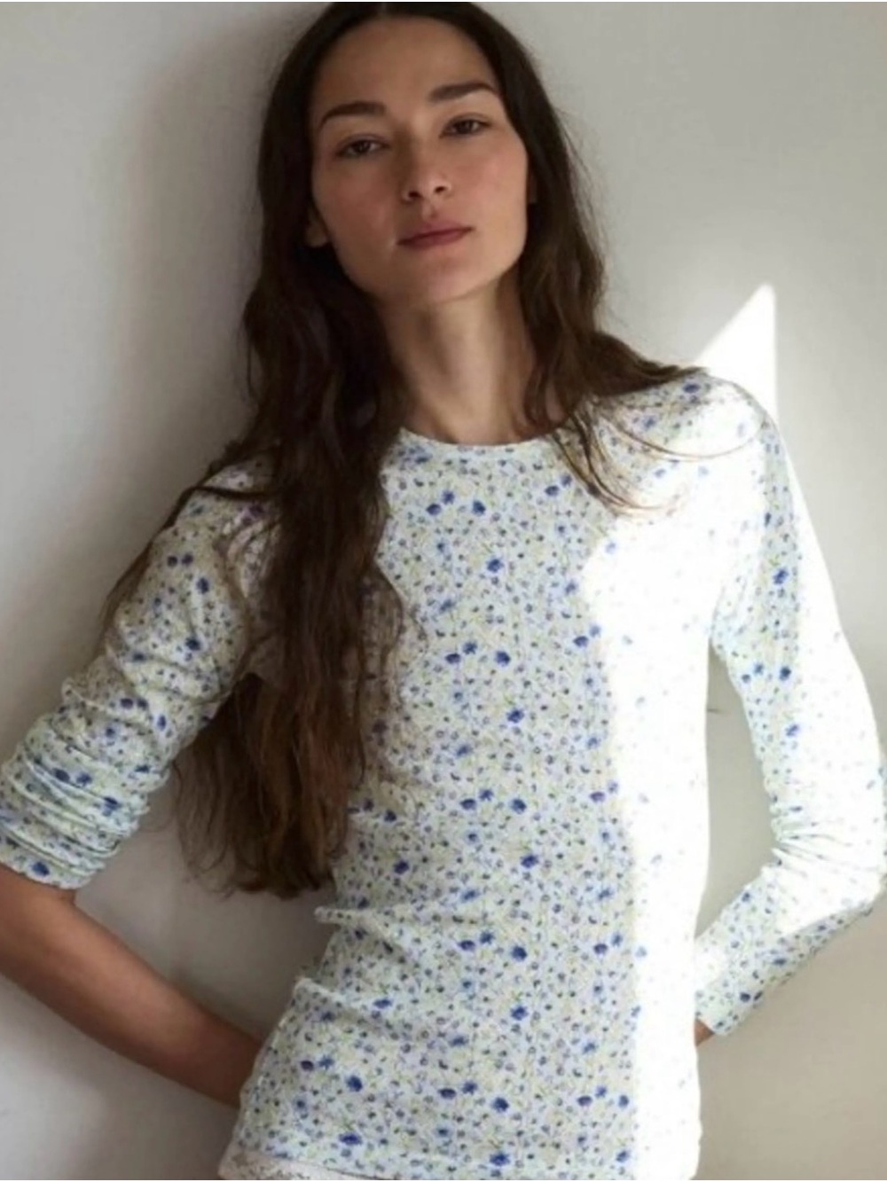 Dôen Annie long-sleeve blue floral crew-neck top tee size S